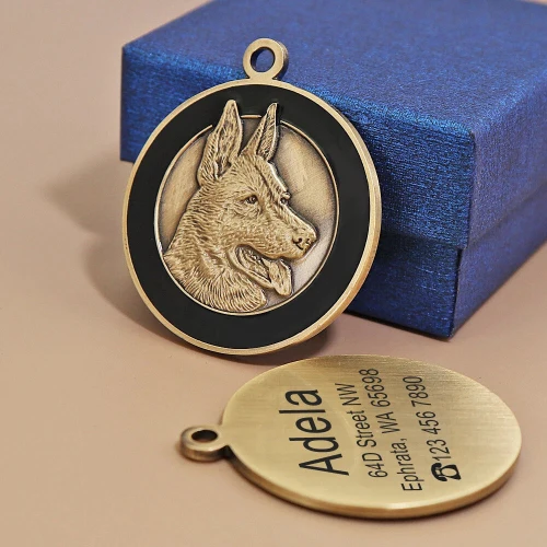 Médaille chien personnalisé en laiton design 3D doré