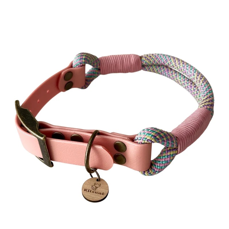 Collier chien original biothane bonbon rose et paracorde texturée