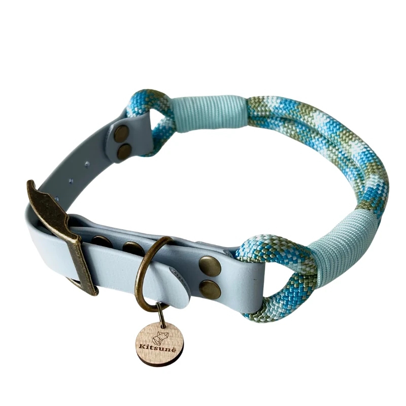 Collier chien original biothane bleu ciel et paracorde texturée