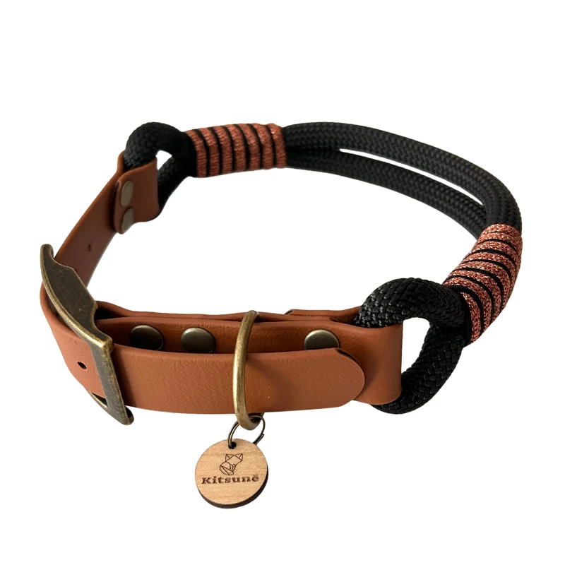 Collier chien original biothane marron et paracorde noire