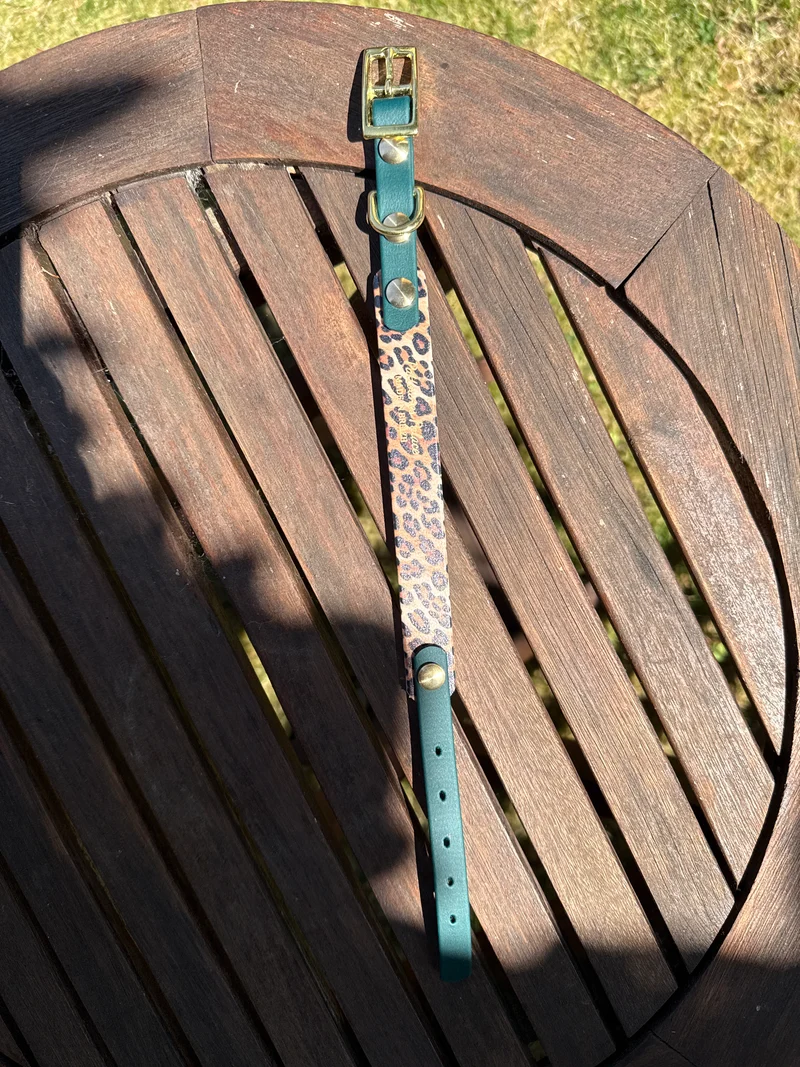 Collier Duo Mini -Biothane vert sapin & léopard