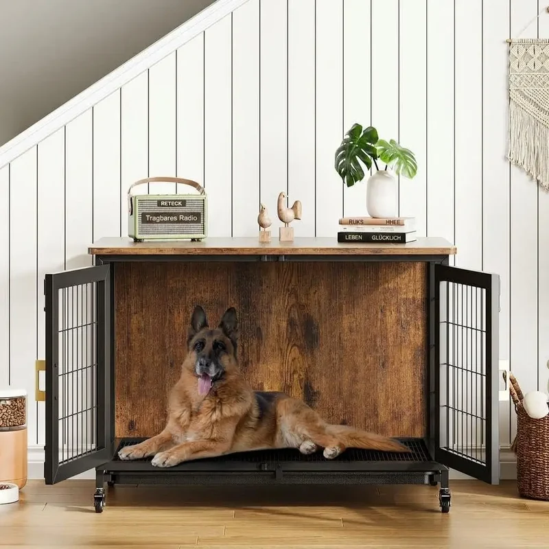 Cage Meuble en Bois Robuste pour Chien Jusqu'à 30 kg