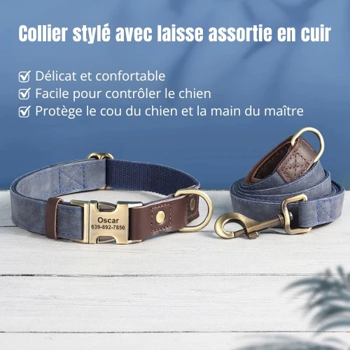 Collier chien gravé finitions cuir avec boucle personnalisée
