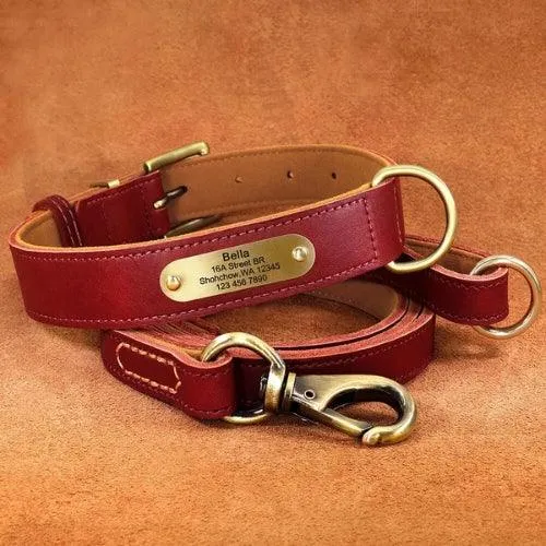 Collier chien personnalisé en cuir avec laisse assortie