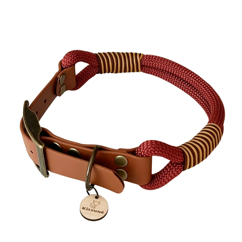 Collier chien bimatière biothane marron et paracorde rouille