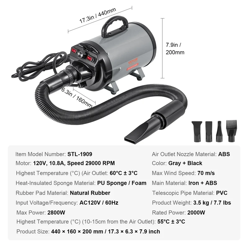 Souffleur pour Chien 2000W Toilettage 4 Buses SucceBuy