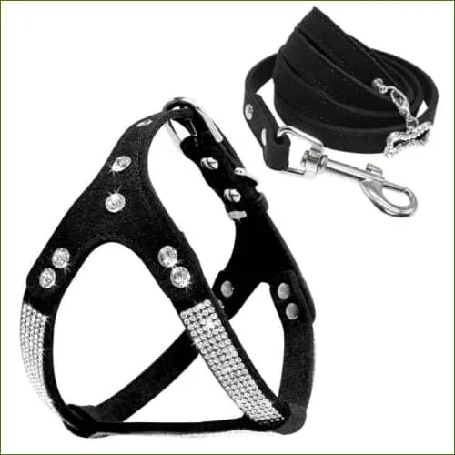 Harnais avec brillants pour chien en cuir suédé avec laisse assortie