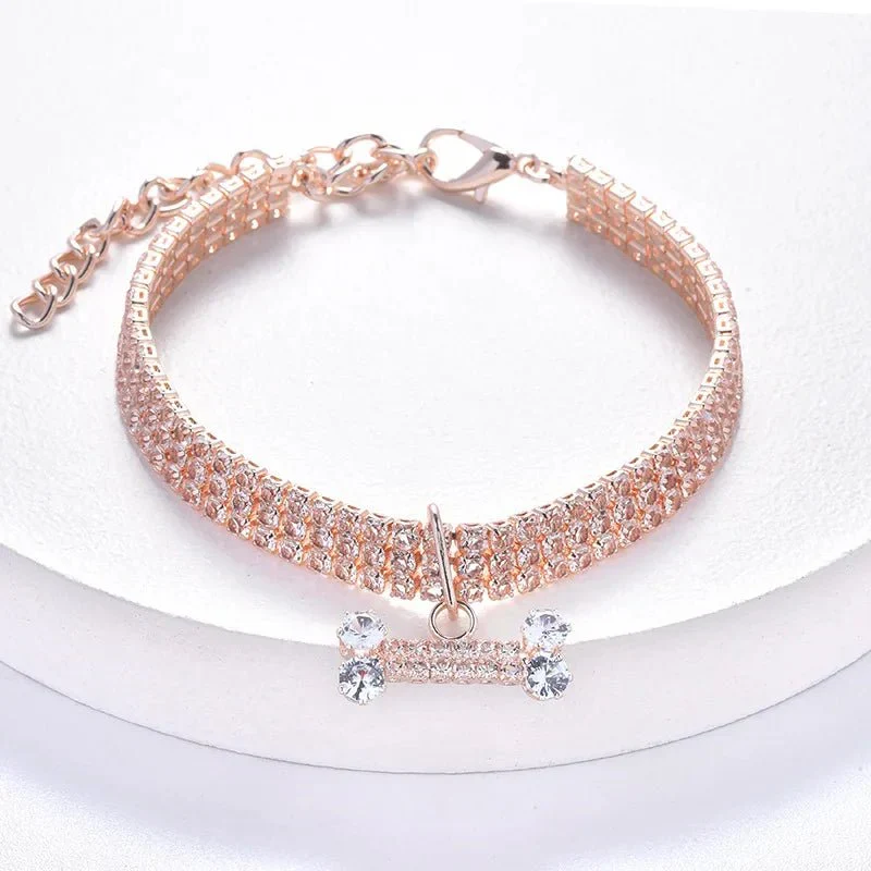 Collier Chiot Rose Strass Réglable