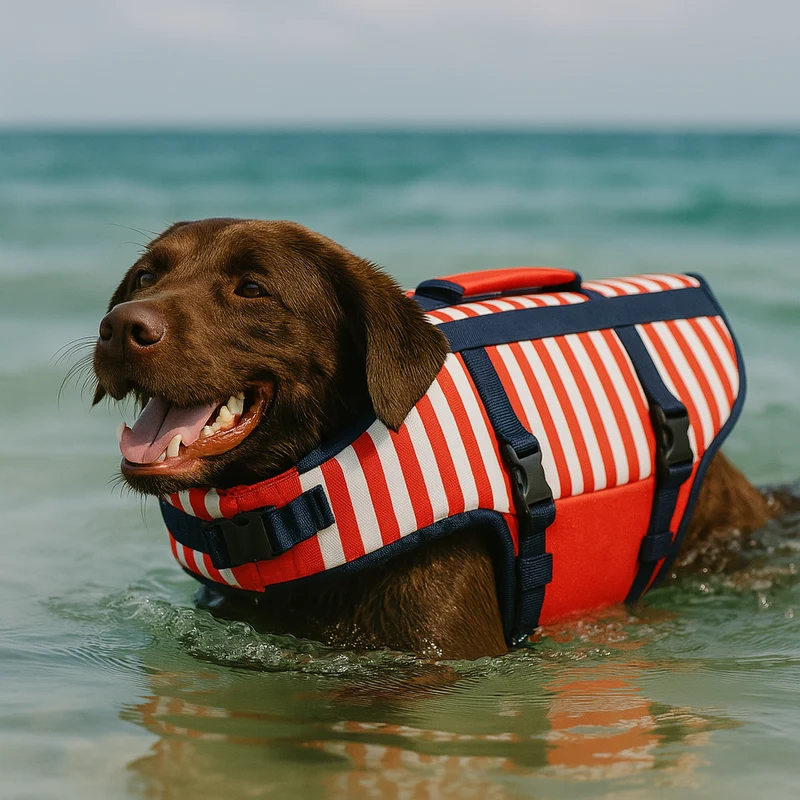 Gilet Sauvetage Chien Rayé Rouge Flotteur