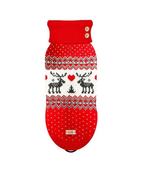 Pull de Noël Fergus – Jacquard festif rouge & écru pour chien