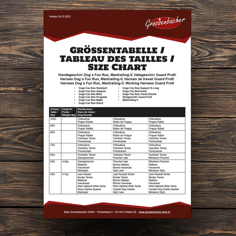 Grössentabellen ausgedruckt, laminiert