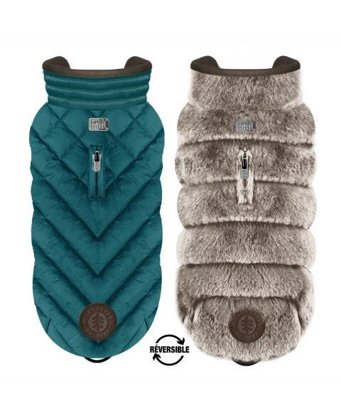 Doudoune réversible Orson pour chien – Bleu Pétrole / Fourrure Marron