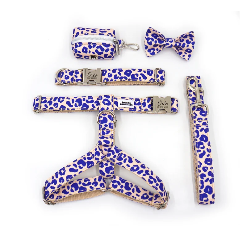 Kit Complet Chien Personnalisé Coton Léopard Bleu