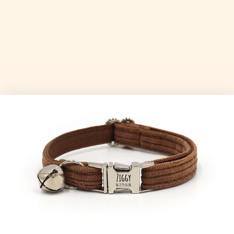 Collier Chat Personnalisé Velours Côtelé Chocolat