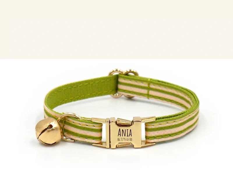 Collier Chat Personnalisé Coton Rayé Vert