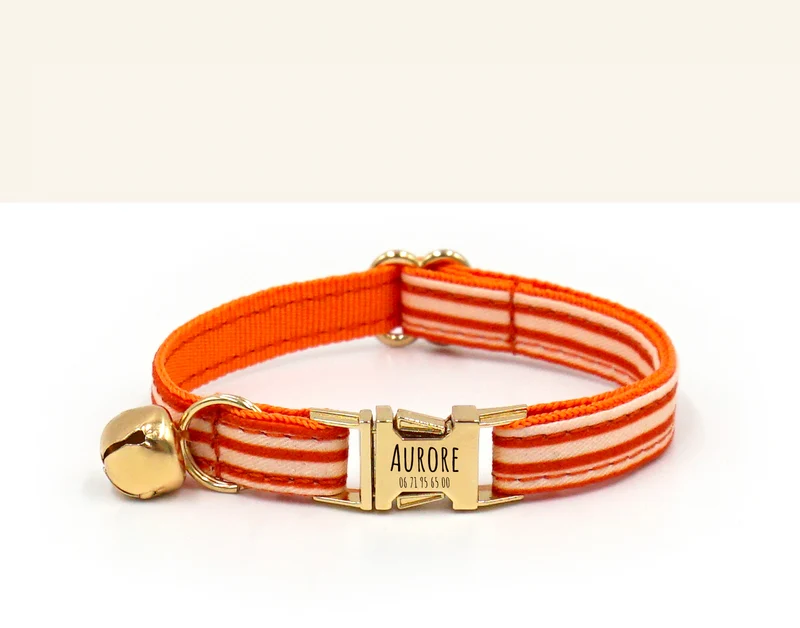 Collier Chat Personnalisé Coton Rayé Orange