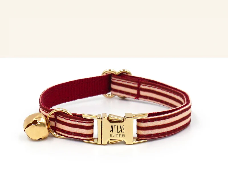 Collier Chat Personnalisé Coton Rayé Bordeaux