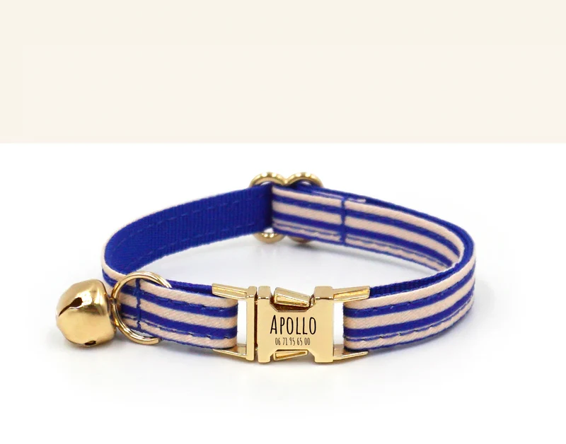 Collier Chat Personnalisé Coton Rayé Bleu