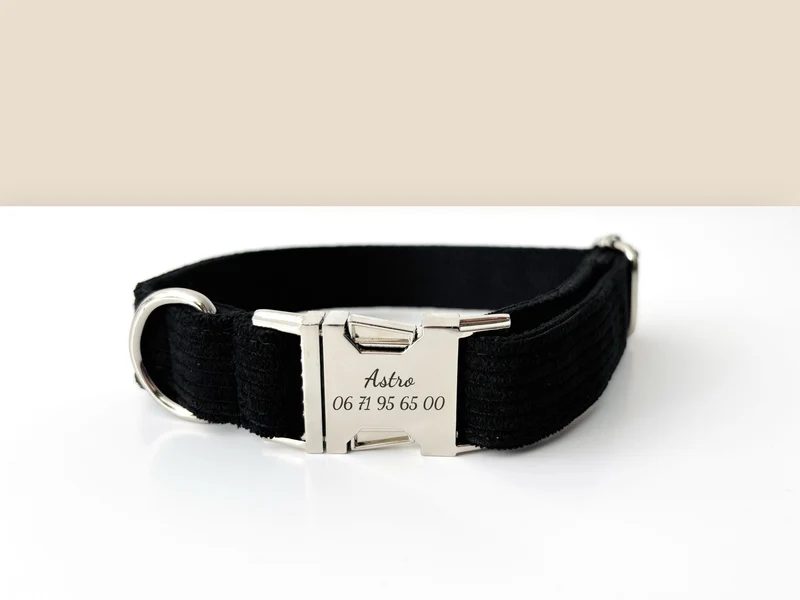Collier Chien Personnalisé Velours Côtelé Noir