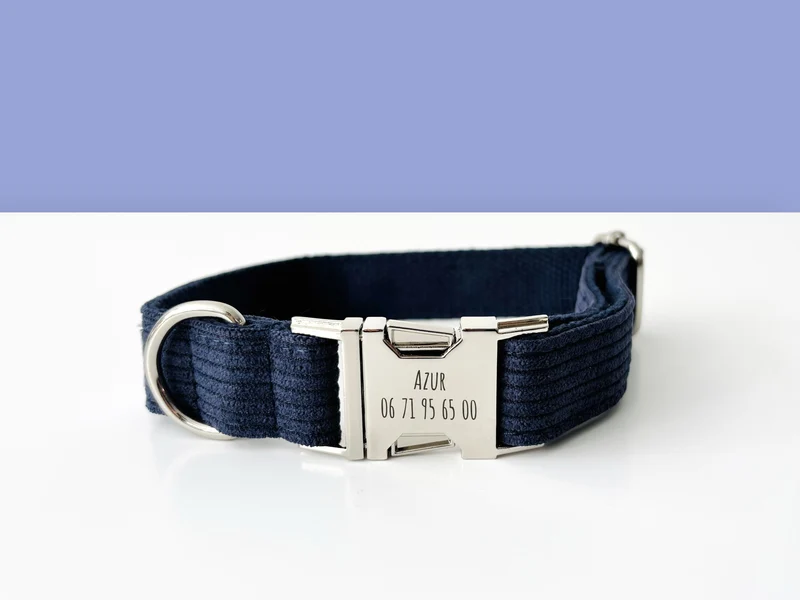 Collier Chien Personnalisé Velours Côtelé Bleu Marine