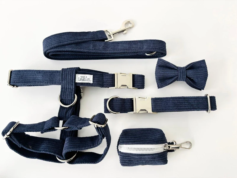 Kit Complet Chien Personnalisé Velours Côtelé Bleu Marine
