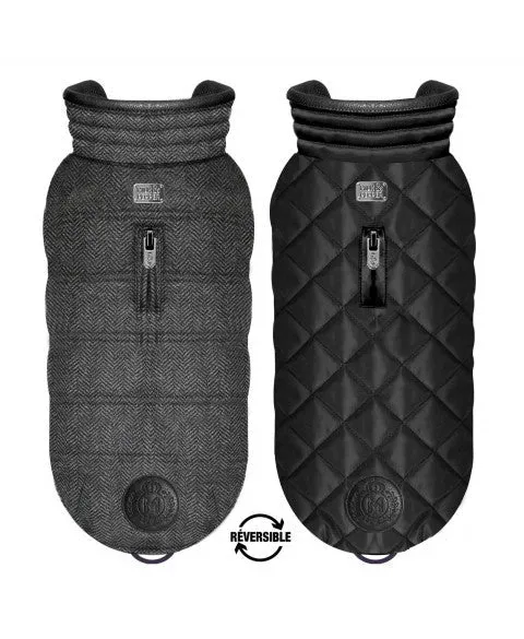 Doudoune réversible Chevron & Damier noir – Chic graphique pour chien