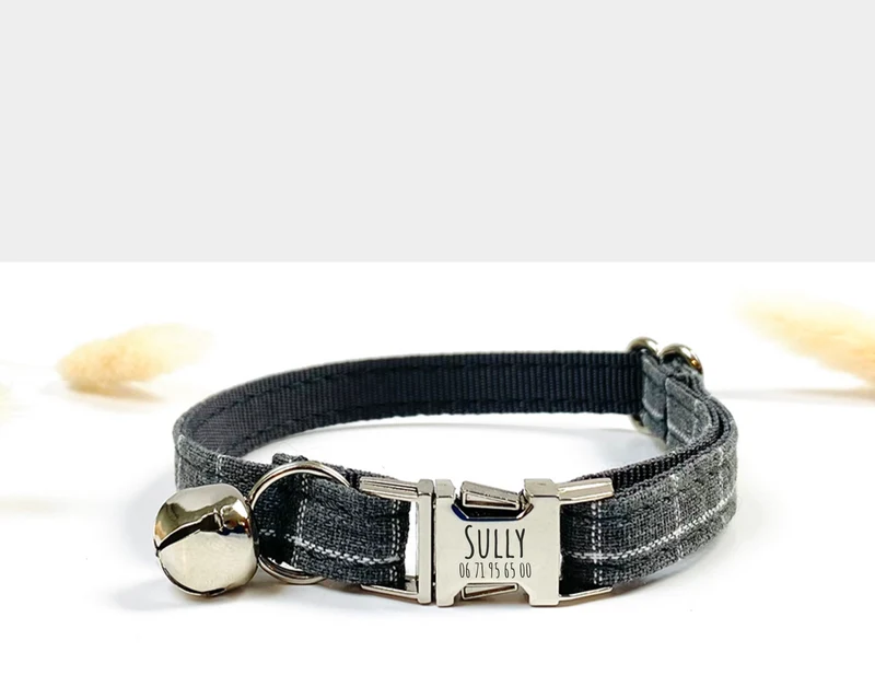 Collier Chat Personnalisé Coton Carreaux Gris