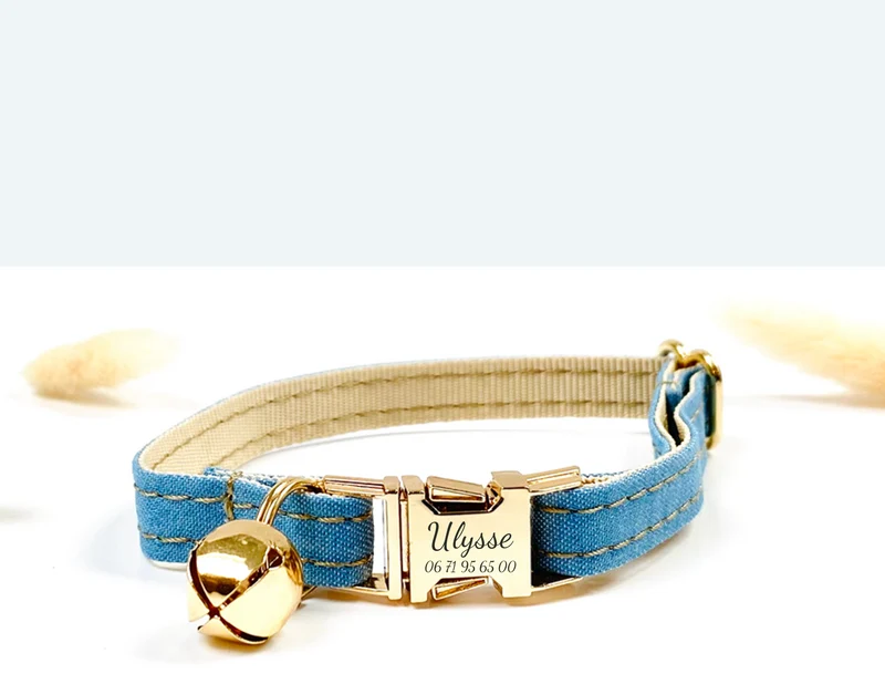Collier Chat Personnalisé Coton Bleu Jean