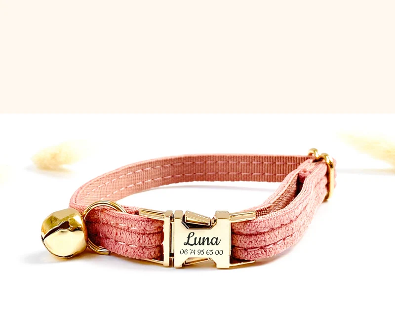 Collier Chat Personnalisé Velours Côtelé Rose