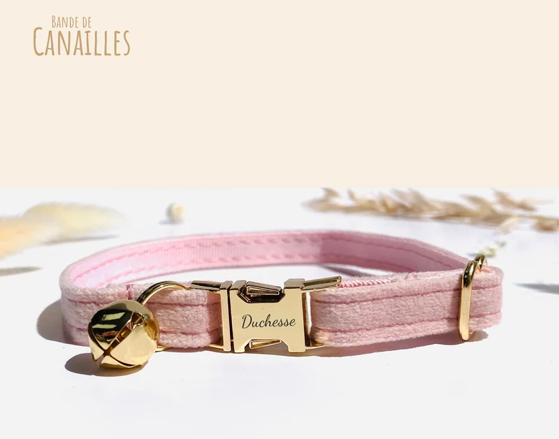 Collier Chat Personnalisé Velours Lisse Rose