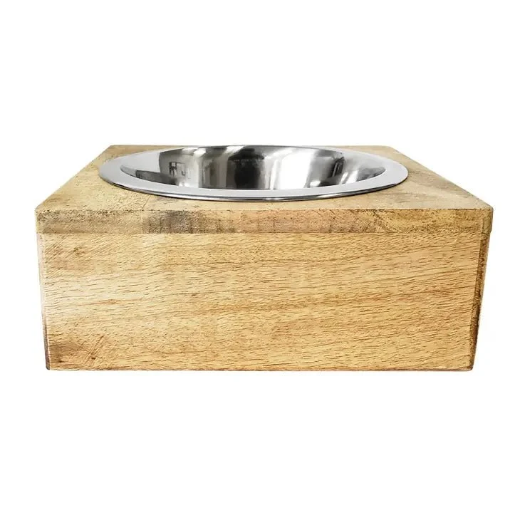 Gamelle inox chien support bois – Élégance carrée et durabilité naturelle