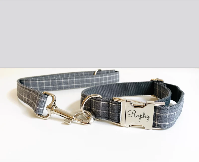 Laisse Chien Coton Carreaux Gris