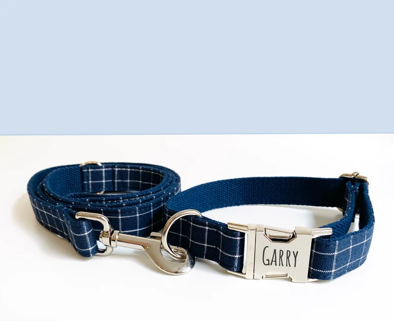 Laisse Chien Coton Carreaux Bleu Marine