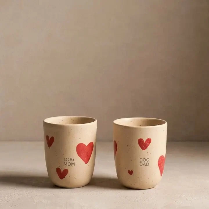 Tasses en grès fait main Cozy Hearts — Lot de 2 Dog Mum & Dog Dad — Egg Back Home